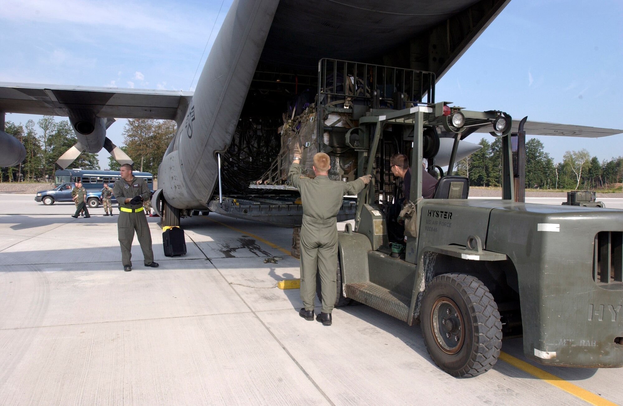 Humanitarian supplies are loaded on an aircraft at Ramstein Air Base, Germany, on July 19. The supplies are destined for Americans who have left Lebanon for Cyprus. (U.S. Air Force photo/Staff Sgt. Angela B. Malek) 
