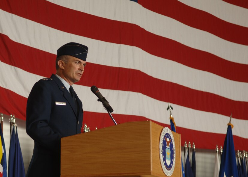 MINOT AIR FORCE BASE, N.D. -- Col. Marty Whelan, the 91st Space Wing commander, delivers a speech during his assumption of command ceremony at Dock 7 here July 6. (U.S. Air Force photo by  Staff Sgt. Joe Laws)