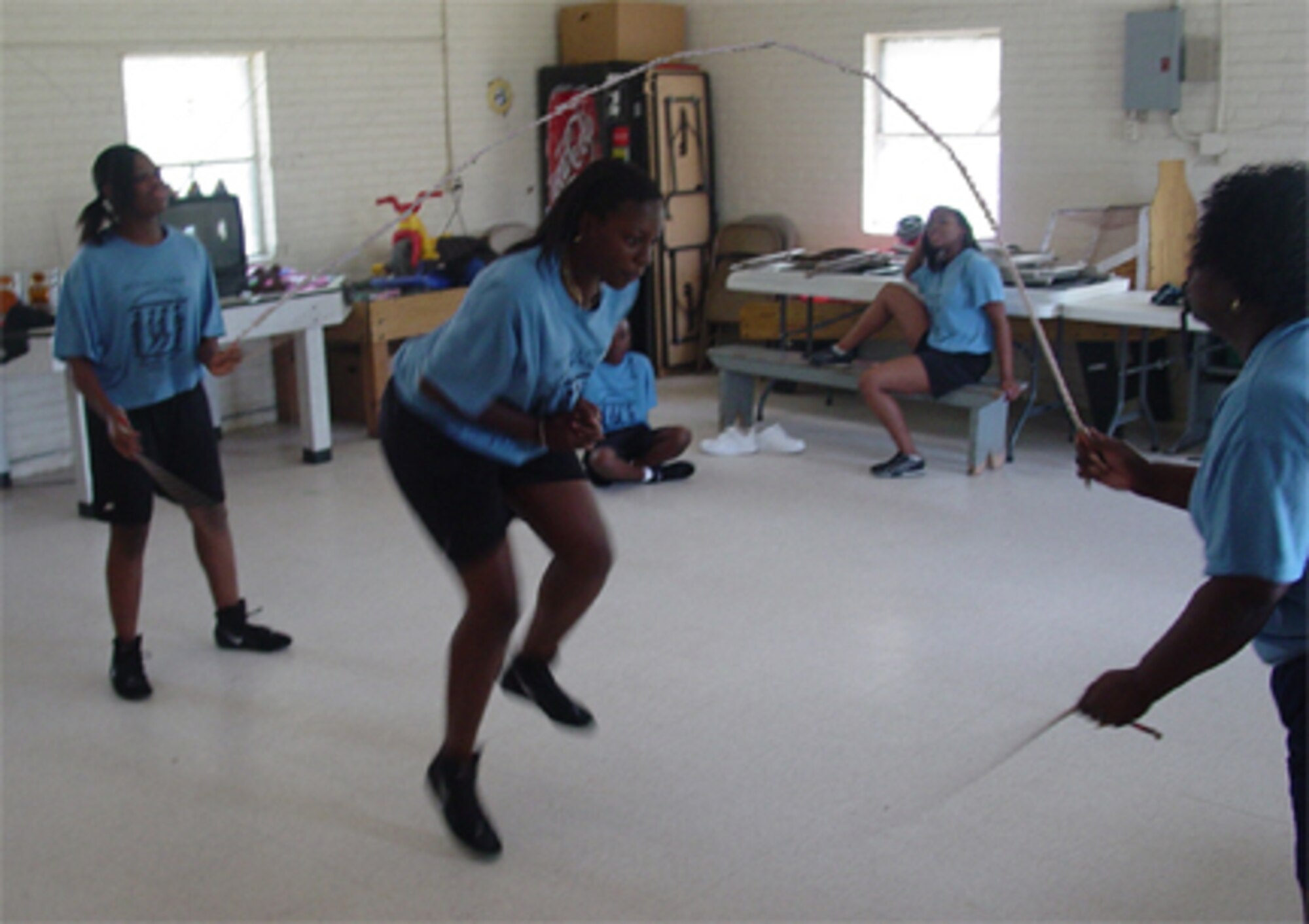 Double time: Jazmine Wright-Chisolm practices with her double dutch team. Jazmine is the daughter of Chief Master Sgt. Karen Chisolm, 315th Mission Support Squadron. (Photo by Tech. Sgt. Mark Kleber, USAFR)