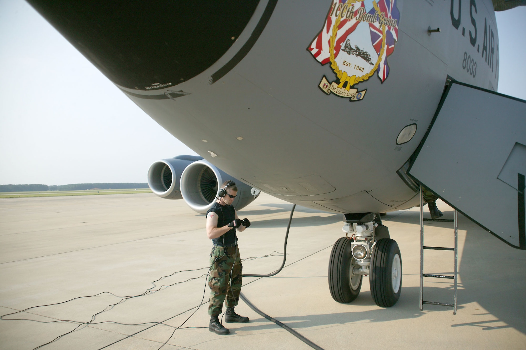 Senior Airman Vernon Russell, 100th Aircraft Maintenance Squadron, Royal Air Force Mildenhall, United Kingdom, prepares a KC-135 for departure Tuesday on Shaw's flightline.  (U.S. Air Force Photo/Senior Airman John Gordinier)