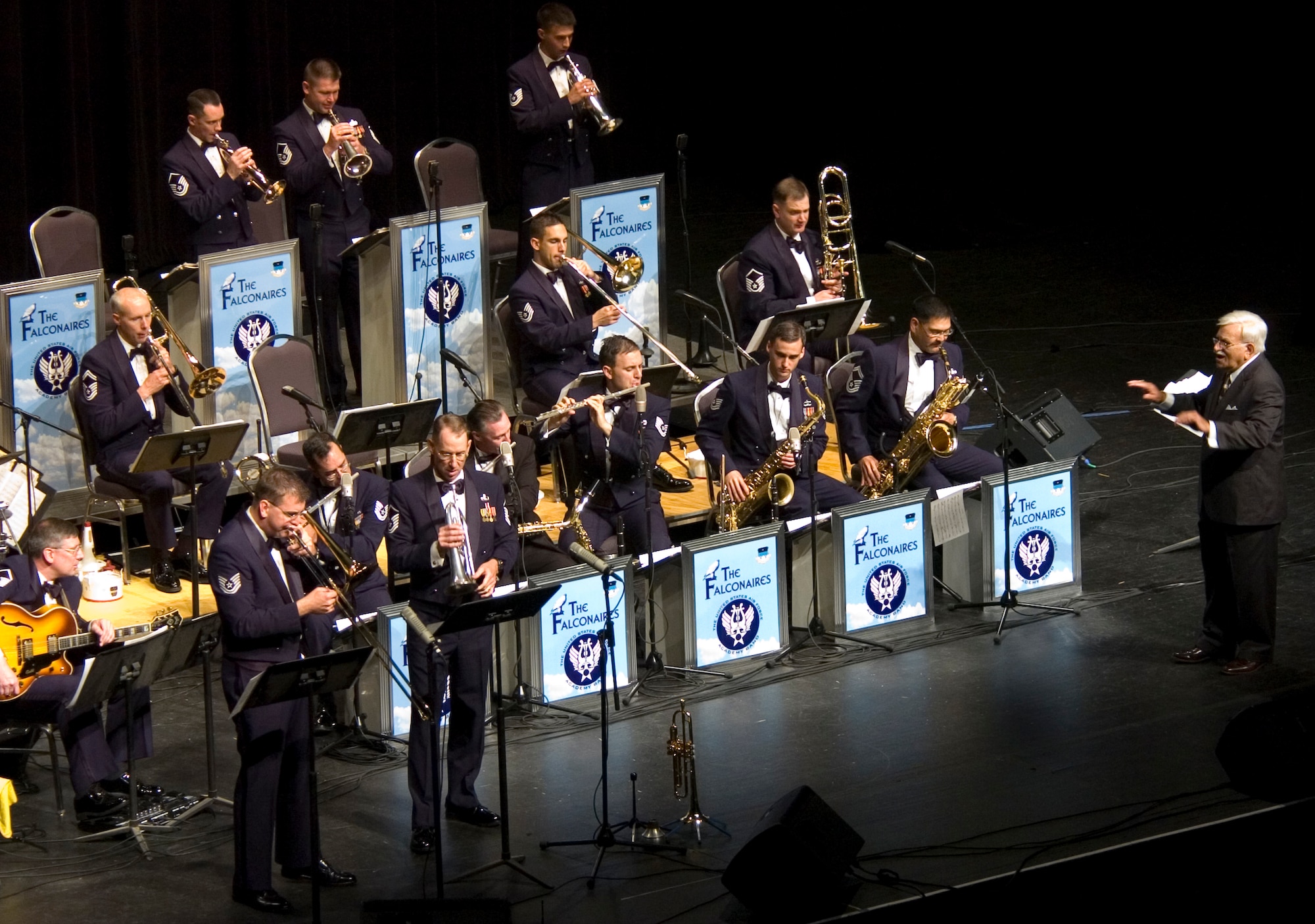 The Falconaires from the U.S. Air Force Academy Band perform with Bandmaster Sammy Nestico at the Lila Cockrell Theatre in San Antonio on July 22. (U.S. Air Force photo/Master Sgt. Jack Braden)