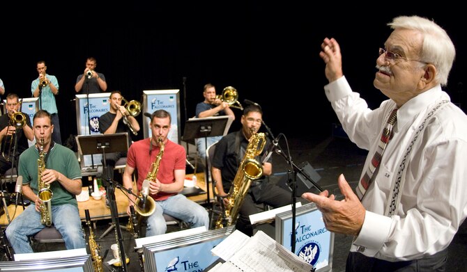 Bandmaster Sammy Nestico rehearses with The Falconaires from the U.S. Air Force Academy Band before a show at the Lila Cockrell Theatre in San Antonio on July 22. (U.S. Air Force photo/Master Sgt. Jack Braden)