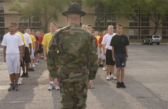 Tech. Sgt James Bozeman, 57th Equipment Maintenance Squadron, sizes up Air Force Junior Reserve Officer Training Corps cadets during drill practice Wednesday at Nellis AFB, Nev. The high-school cadets are at Nellis to get some military experience during the summer break. Nellis Airmen volunteer as military training instructors. (Air Force photo/Airman 1st Class Jason Huddleston)