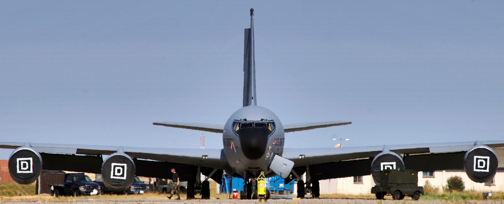 Staff Sgt. Craig Lambert checks the flaps on a KC-135 Stratotanker during a preflight inspection at Royal Air Force Mildenhall, England, on July 24.  The sergeant is with the 100th Aircraft Maintenance Squadron. Squadron maintainers work 12-hour shifts to ensure that the nearly 50-year-old aerial refueling tankers are ready to fly. (U.S. Air Force photo/Master Sgt. Lance Cheung)
