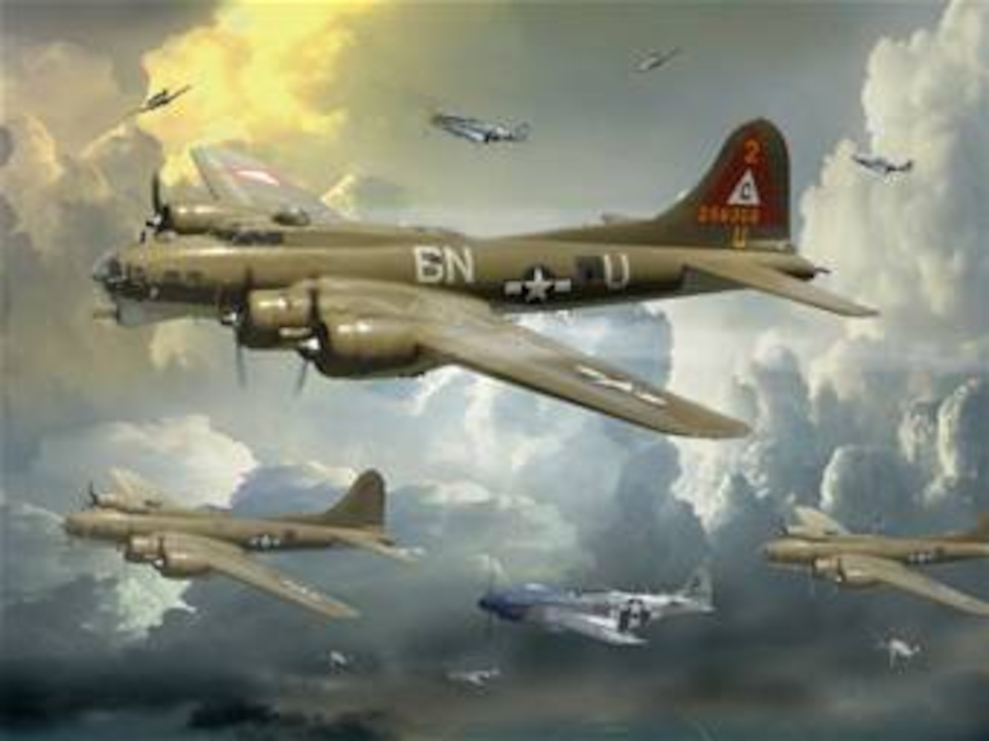 B-17 "Air Mission WWII"  created by Ken Chandler. This image is 10x7.5 @ 300 ppi. Printable (PDF) files for this image, up to 18x24 inches @ 300 ppi, are avilable to members of the armed forces by contacting art.afnews.af.mil.  This image is copyrighted and is the property of Ken Chandler and is available only to members of the armed forces and military organizations.