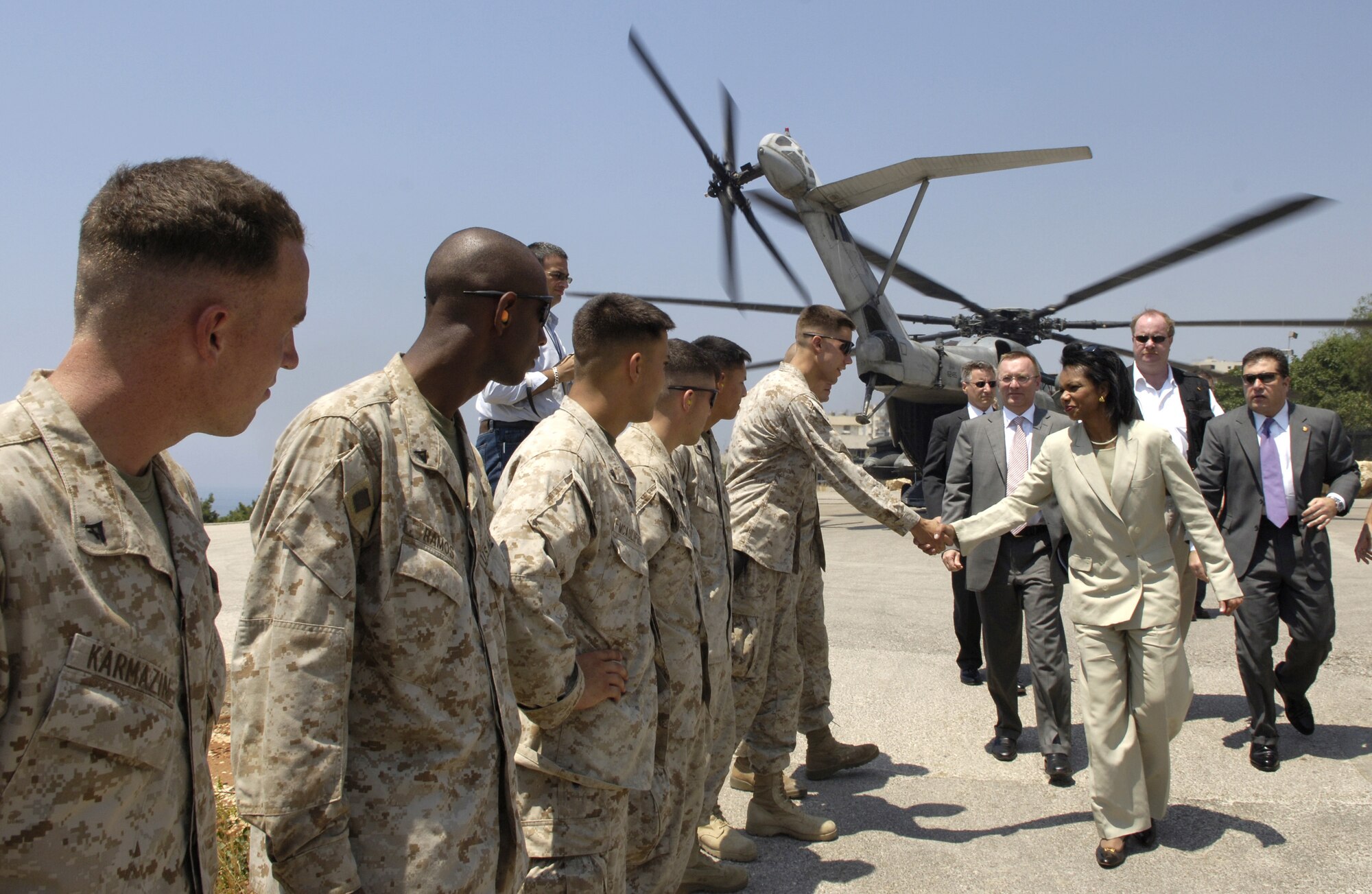 Secretary of State Condoleezza Rice greets Marines upon arrival at the U.S. Embassy in Beirut, Lebanon, July 24.  Secretary Rice flew in from Cyprus on a Marine CH-53 Sea Stallion helicopter escorted by an Air Force MH-53M Pave Low helicopter from the 352nd Special Operations Group at Royal Air Force Mildenhall.   (U.S. Air Force photo/Senior Airman Brian Ferguson)

