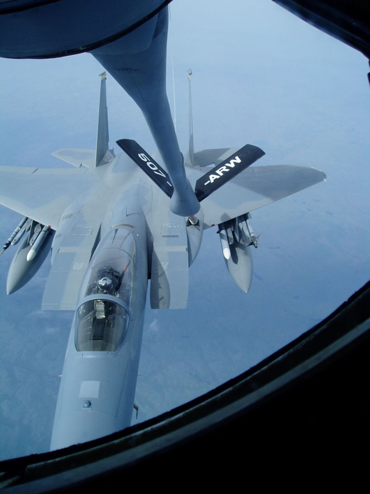 A 507th ARW KC-135 refuels an F-15 Eagle from Anchorage,  AK during NORTHERN EDGE 06.  	  