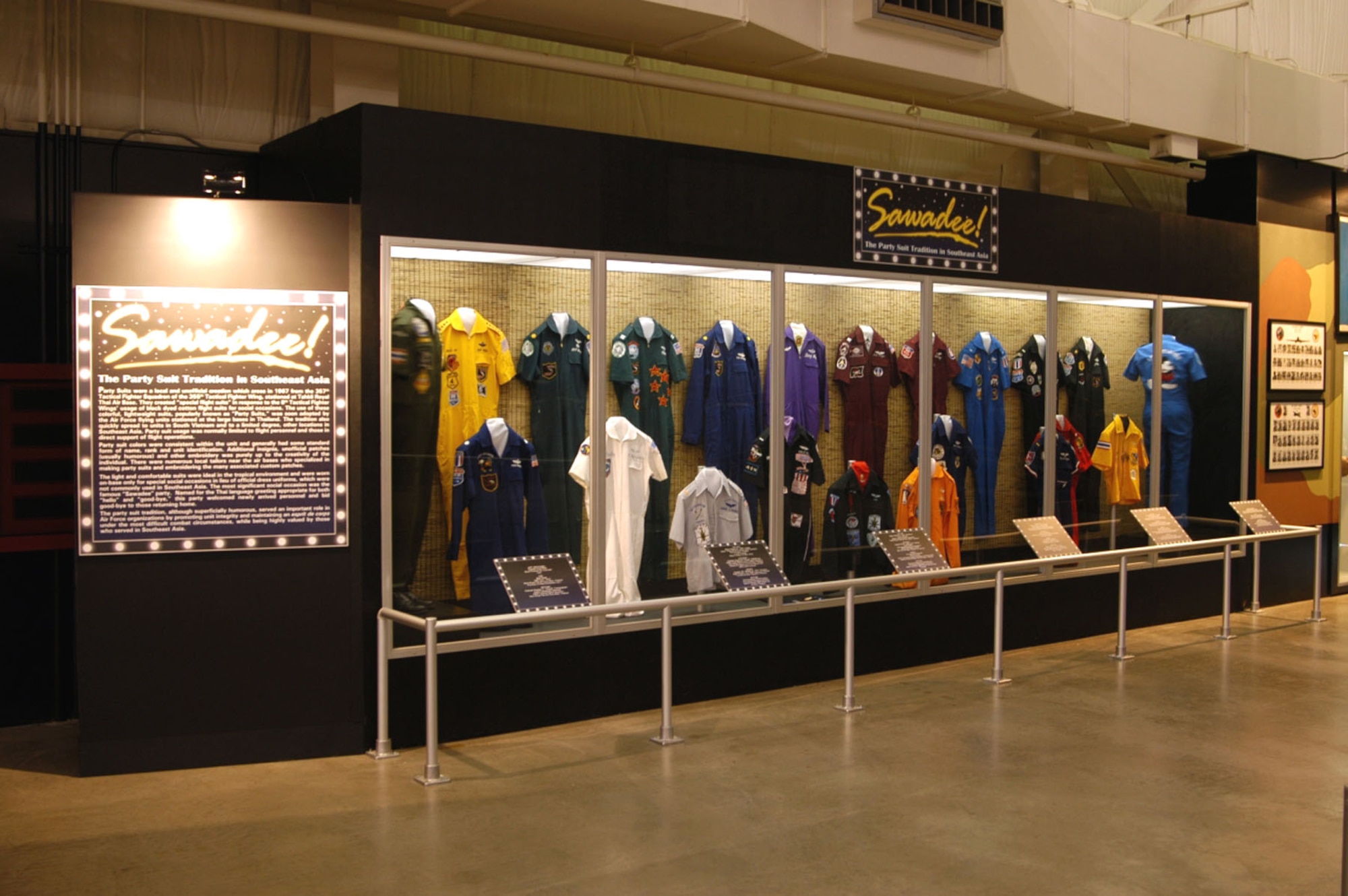 DAYTON, Ohio -- Twenty-two examples of party suits are displayed in the Southeast Asia War Gallery at the National Museum of the United States Air Force. (U.S. Air Force photo)