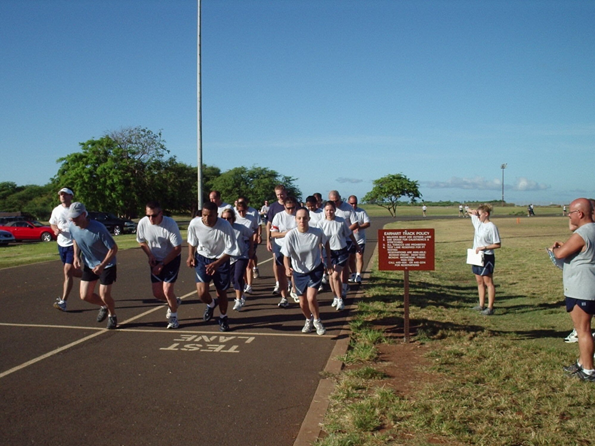 The 944th Mission Support Group joined their active-duty counterparts for physical conditioning during a deployment to Hickam Air Force Base, Hawaii. (U.S. Air Force courtesy photo)