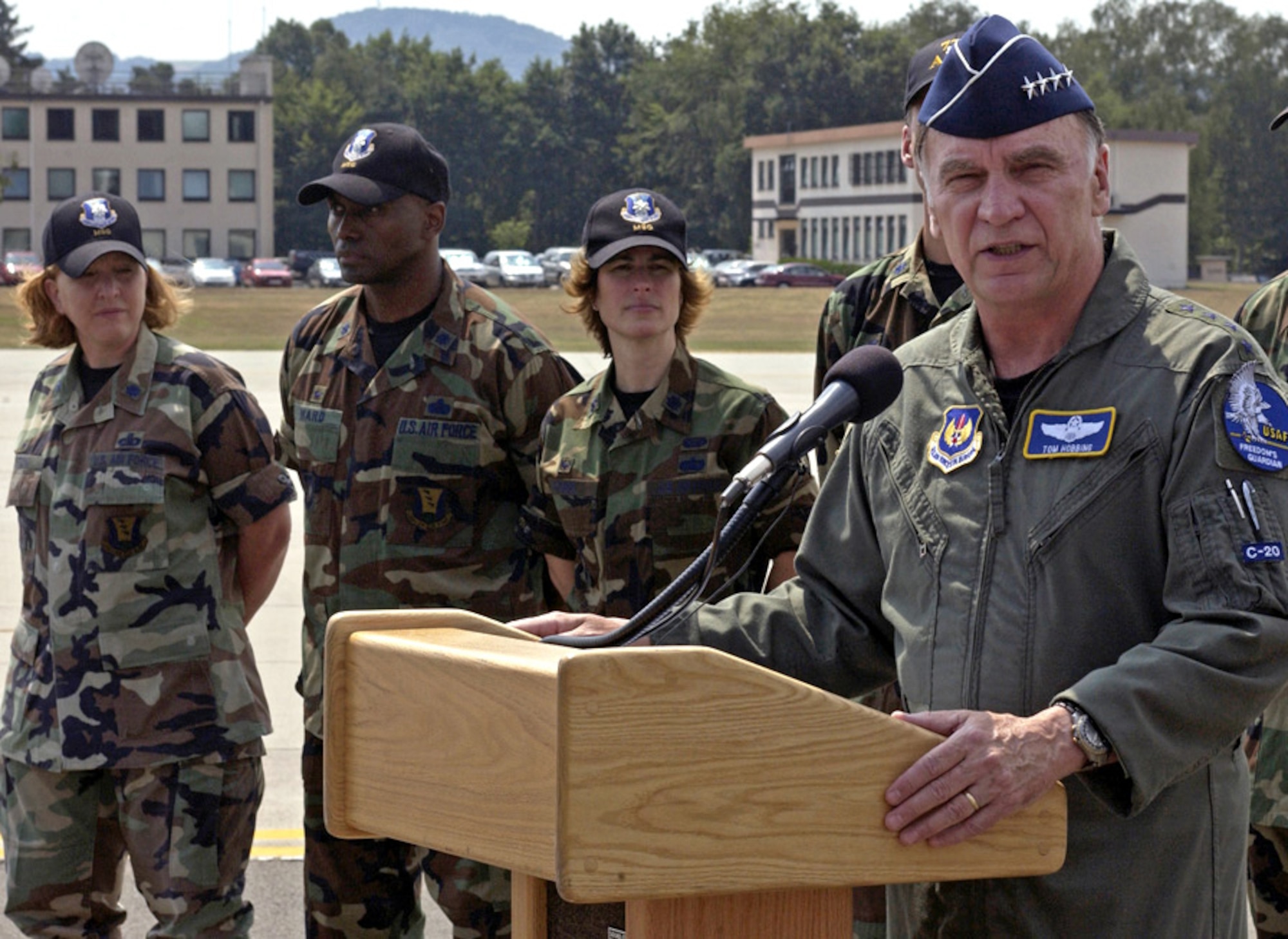 Gen. Tom Hobbins, U.S. Air Forces in Europe commander, thanks Airmen and the German government for their support at Ramstein Air Base, Germany, on July 25. General Hobbins also hosted Ambassador William R. Timken, Jr., U.S. Ambassador to Germany, who visited Ramstein on behalf of President George Bush, thanking the troops for their support with the current humanitarian efforts. (U.S. Air Force photo/Staff Sgt. Angela Malek) 