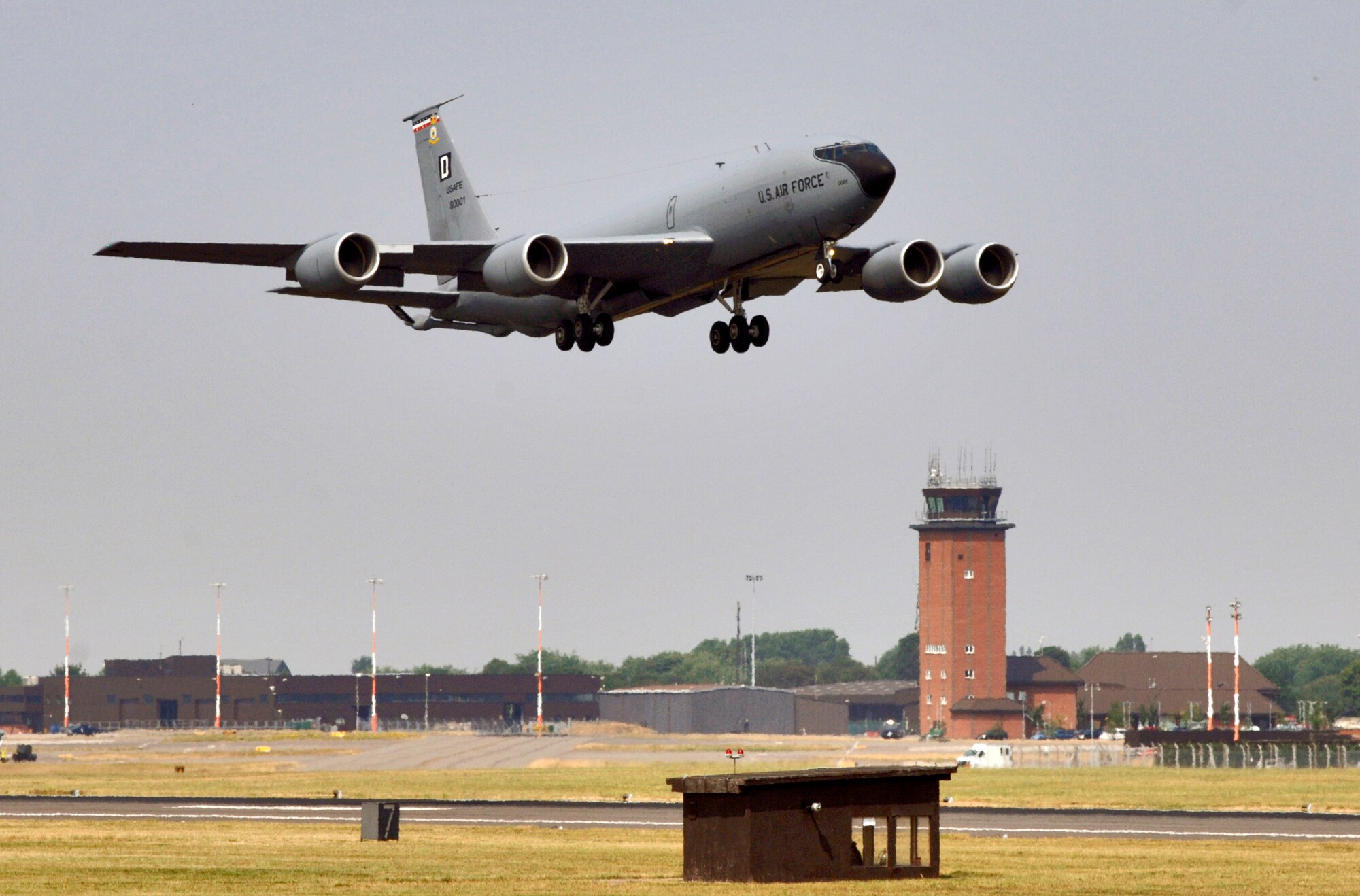 A KC-135 Stratotanker takes off for an aerial refueling mission over the North Sea from Royal Air Force Mildenhall, England, on July 25. The 351st Air Refueling Squadron flies the nearly 50-year-old tanker on some 50 missions each week. (U.S. Air Force photo/Master Sgt. Lance Cheung)