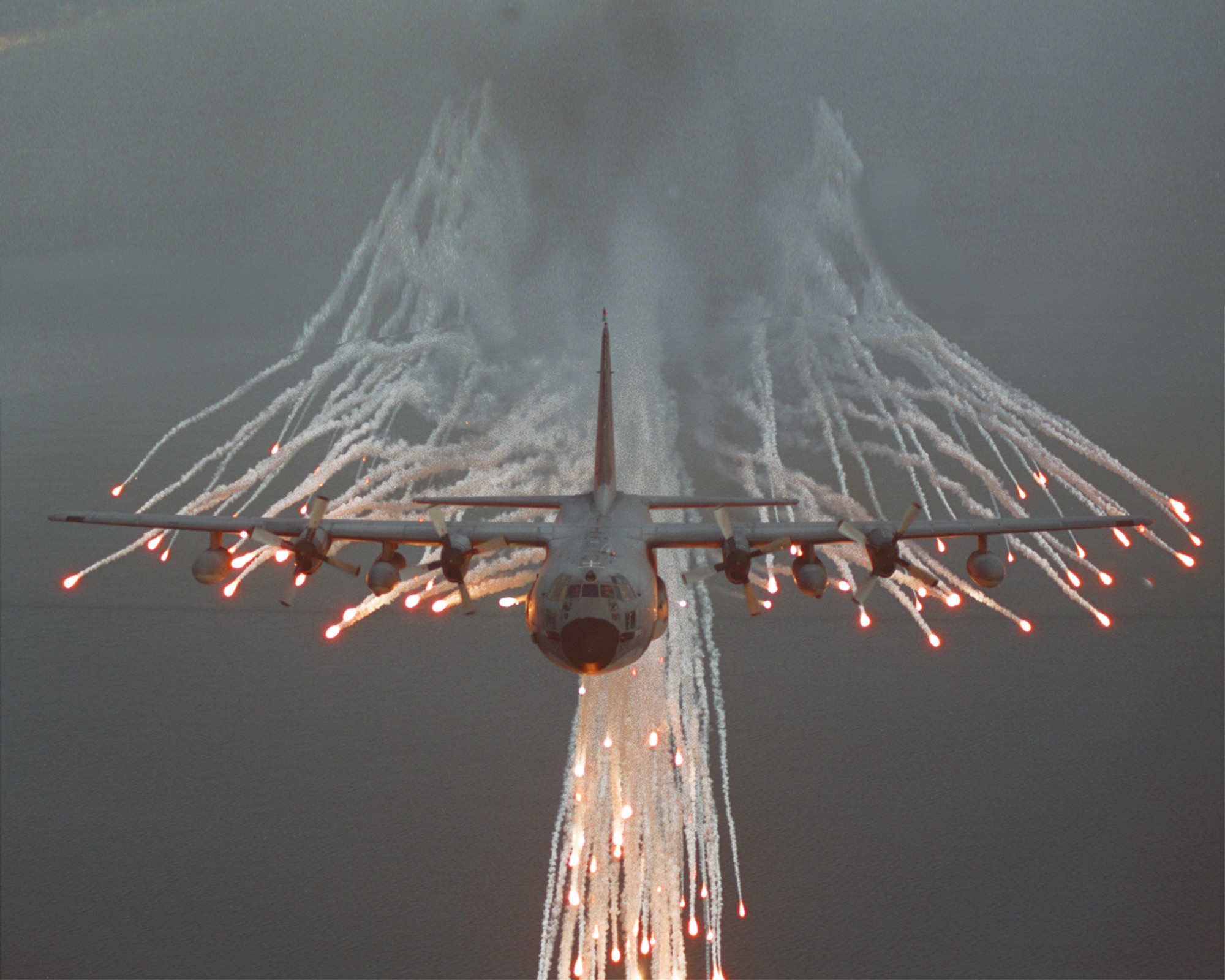 An MC-130E from the Air Force Reserve's  919th Special Operations Wing, Duke Field, Fla, deploys flares. (U.S. Air Force photo)