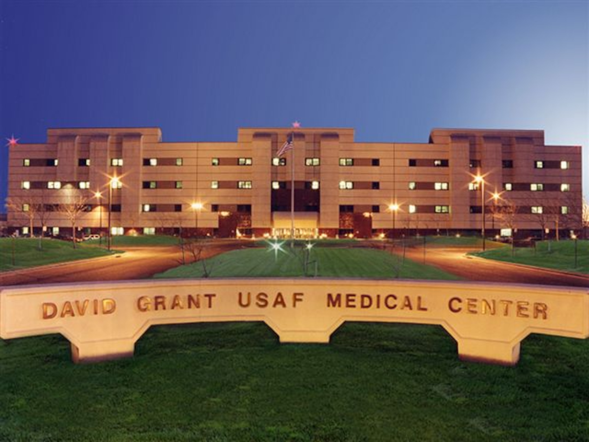 A twilight shot of the David Grant USAF Medical Center at Travis AFB, Calif.