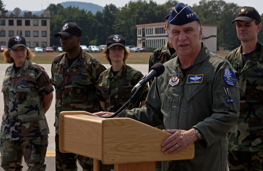 Gen. Tom Hobbins, United States Air Forces in Europe commander, thanks Airmen and the German government for their support at a press availability at Ramstein Air Base, Germany, July 25. General Hobbins also hosted Ambassador William R. Timken, Jr., U.S. Ambassador to Germany, who visited Ramstein on behalf of President George Bush, thanking the troops for their support with the current humanitarian efforts. (U.S. Air Force photo/Staff Sgt. Angela Malek)
