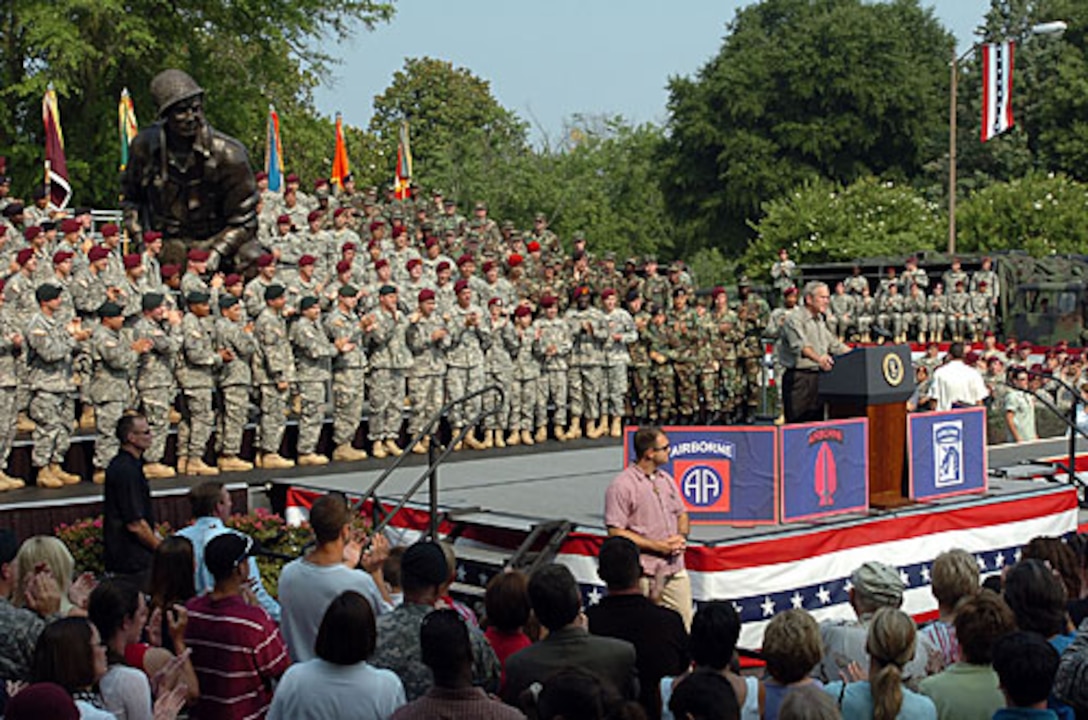 President George W. Bush spoke to more than 1,000 paratroopers, soldiers, airmen, and family members July 4, 2006, thanking them for their service and sacrifice in the global war on terrorism during his Independence Day visit to Fort Bragg, N.C. 