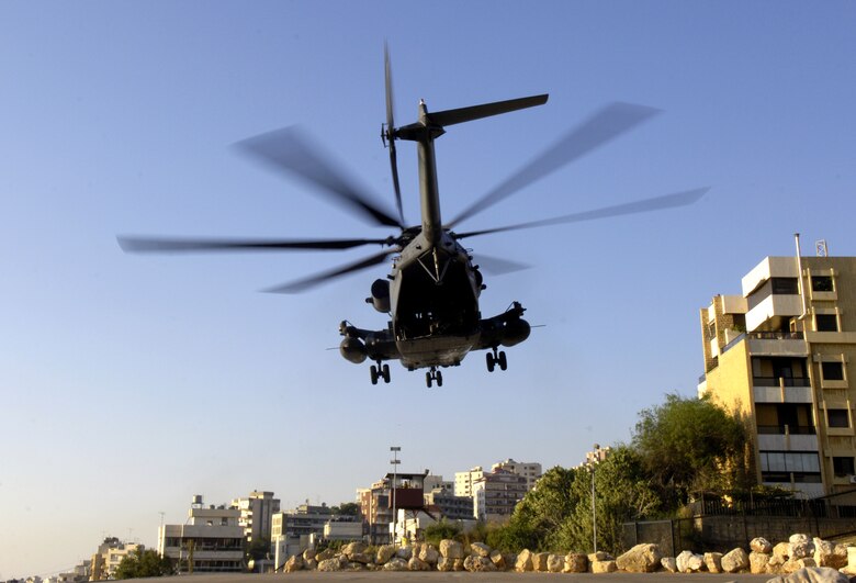 BEIRUT, Lebanon (AFPN) -- An MH-53M Pave Low helicopter lands at the U.S. Embassy here July 24. The helicopter flew in to pick up American citizens and transport them to Cyprus. The helicopter is with the 352nd Special Operations Group at Royal Air Force Mildenhall, England. (U.S. Air Force photo/Senior Airman Brian Ferguson)