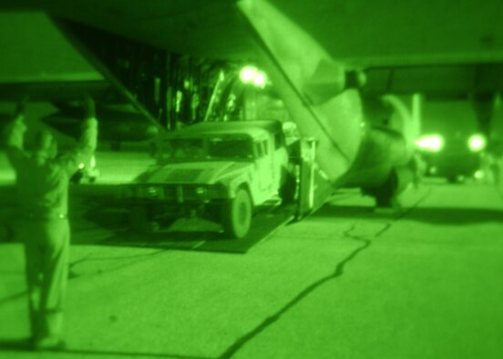 Senior Master Sgt. Thomas Mason, 711th Special Operations Squadron loadmaster, performs static load training with a special operations team for rapid infiltration. The training is required before an actual mission so that both the team and aircrew members are familiar with their positions and responsibilities through each phase of the mission. The training, which took place during the Operational Readiness Inspection here, is a night-vision goggle operation.                   