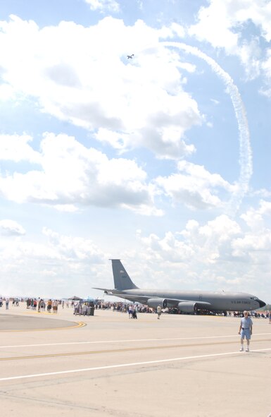 The OregonAreo flips in the air above one of our KC-135s. (Photo by Tim Rodenberger.)