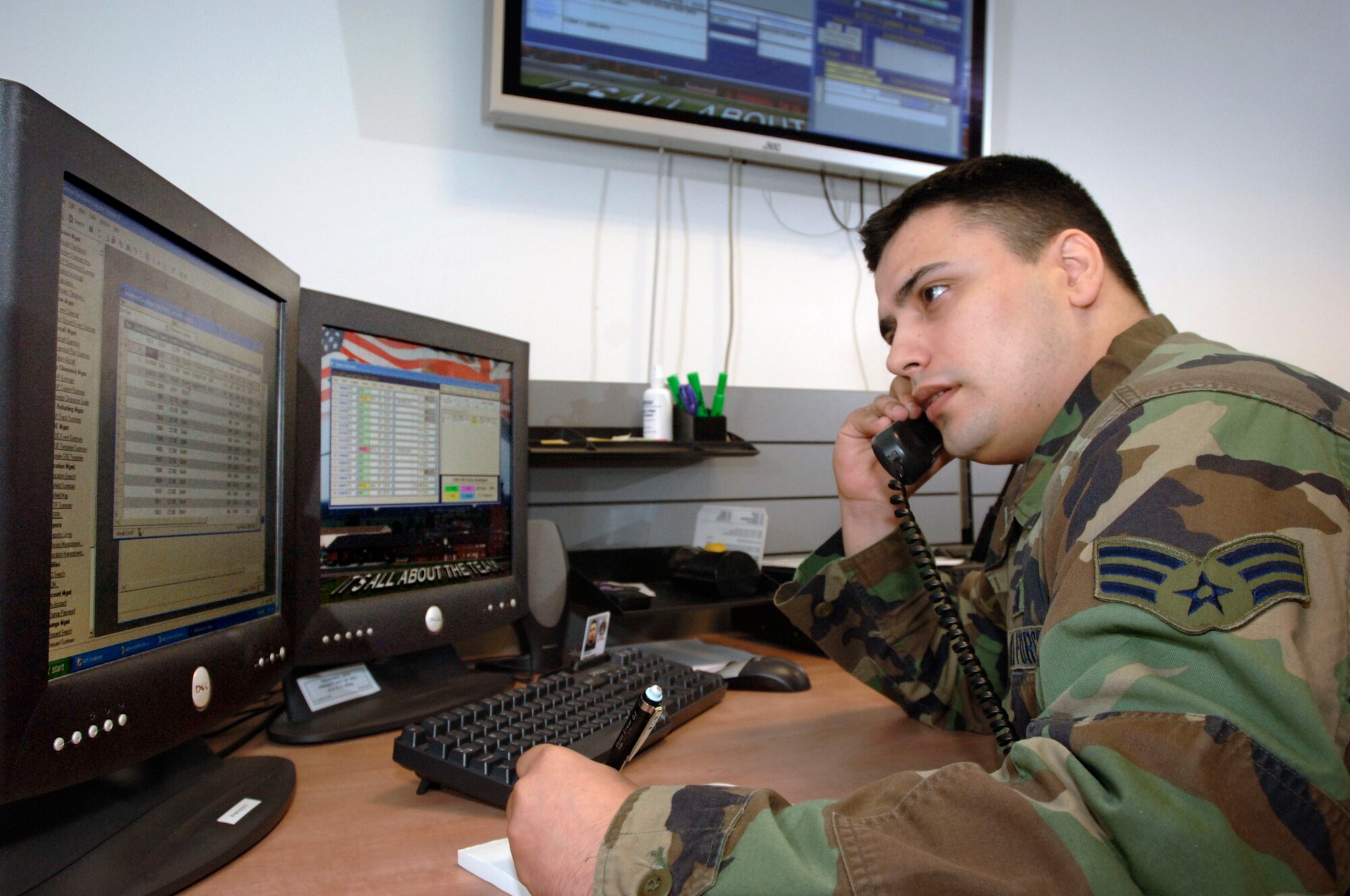 Senior Airman Kimieh Deoliveira coordinates the painting of a KC-135 Stratotanker at Royal Air Force Mildenhall, England, July 26.  The Airman is with the 100th Maintenance Operations Squadron. He uses a computer-based aircraft status overview program to help ensure the nearly 50-year-old aircraft gets the maintenance it needs. (U.S. Air Force photo/Master Sgt. Lance Cheung)