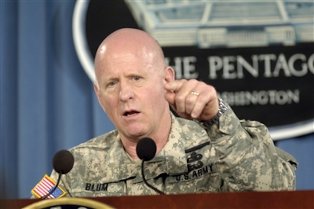 Chief of the National Guard Bureau Lt. Gen. H. Steven Blum, U.S. Army, conducts a Pentagon press briefing to update reporters on some of the current operations being undertaken by the Guard on July 14, 2006. Blum discussed Guard preparations for the current hurricane season and contributions to Operation Jump Start, a southern border security operation being administered by the Department of Homeland Security. 