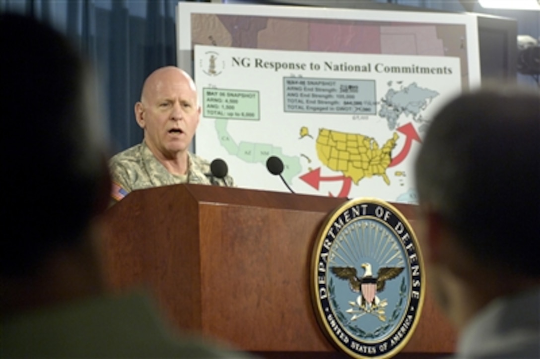 Chief of the National Guard Bureau Lt. Gen. H. Steven Blum, U.S. Army, conducts a Pentagon press briefing to update reporters on some of the current operations being undertaken by the Guard on July 14, 2006. Blum discussed Guard preparations for the current hurricane season and contributions to Operation Jump Start, a southern border security operation being administered by the Department of Homeland Security. 