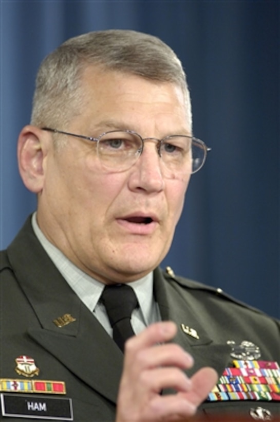 Joint Staff Deputy Director for Regional Operations Brig. Gen. Carter Ham, U.S. Army, briefs reporters in the Pentagon on recent operations in Afghanistan and Iraq on May 23, 2006.