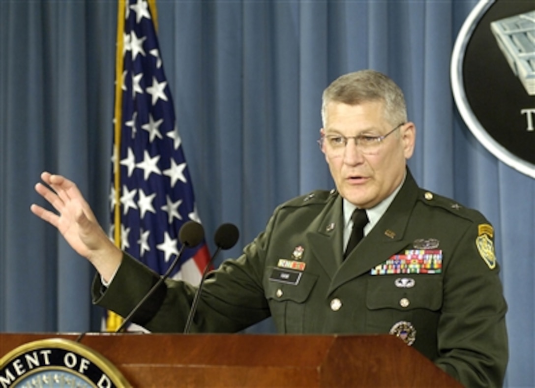 Joint Staff Deputy Director for Regional Operations Brig. Gen. Carter Ham, U.S. Army, briefs reporters in the Pentagon on recent operations in Afghanistan and Iraq on May 23, 2006.