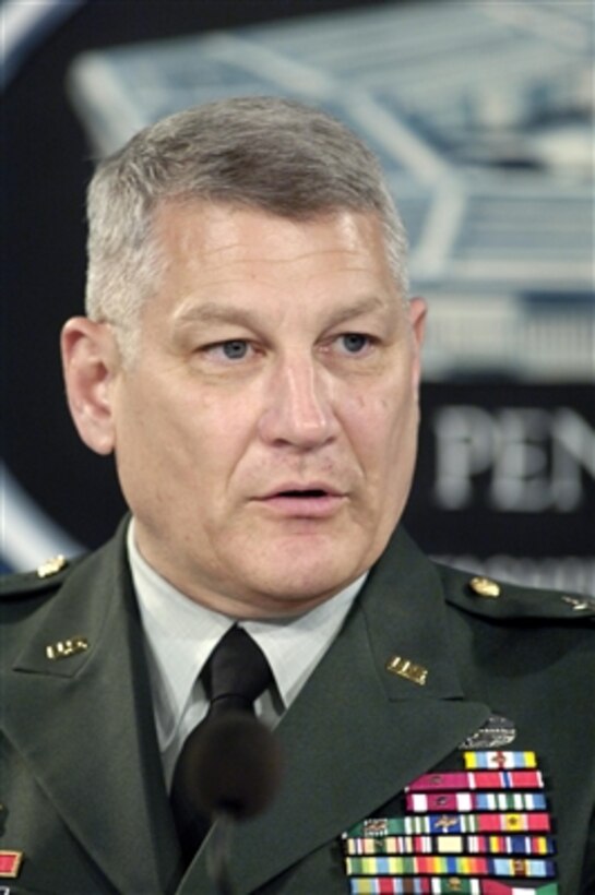Joint Staff Deputy Director for Regional Operations Brig. Gen. Carter Ham, U.S. Army, briefs Pentagon reporters on recent operations in Afghanistan and Iraq on May 31, 2006. 