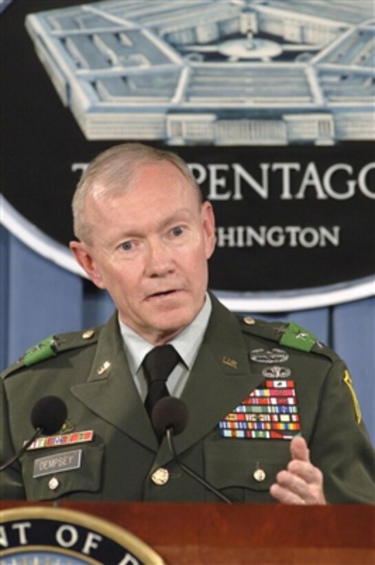 Commander of the Multi-national Security Transition Command in Iraq Lt. Gen. Martin Dempsey, U.S. Army, updates reporters on the transition of Iraqi forces assuming the duties and responsibilities which U.S. forces are currently providing during a Pentagon press conference on June 27, 2006.  