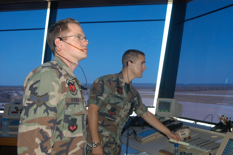 Airmen 1st Class Danny Deremer and Joseph Rumbaugh, 7th Operations Support Squadron aircraft controllers, monitor the Dyess sky.                                 
