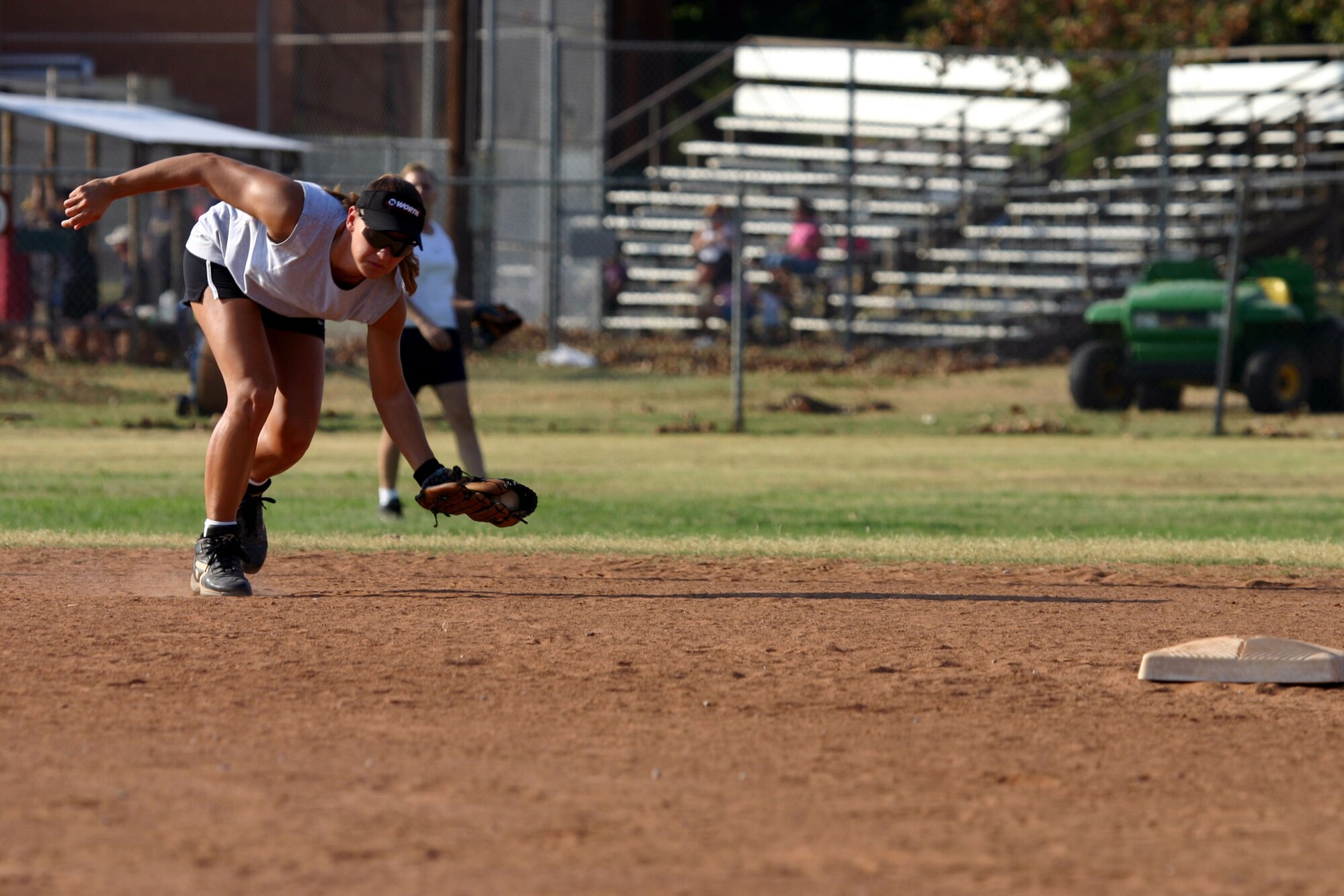 Tina Cooper snags a ball during Lady Senator practice July 24. Cooper has been selected to attend the 2006 All-Air Force Women’s Softball trial camp, at Hill Air Force Base, Utah. (U.S. Air Force photo by Airman Jacob Corbin)