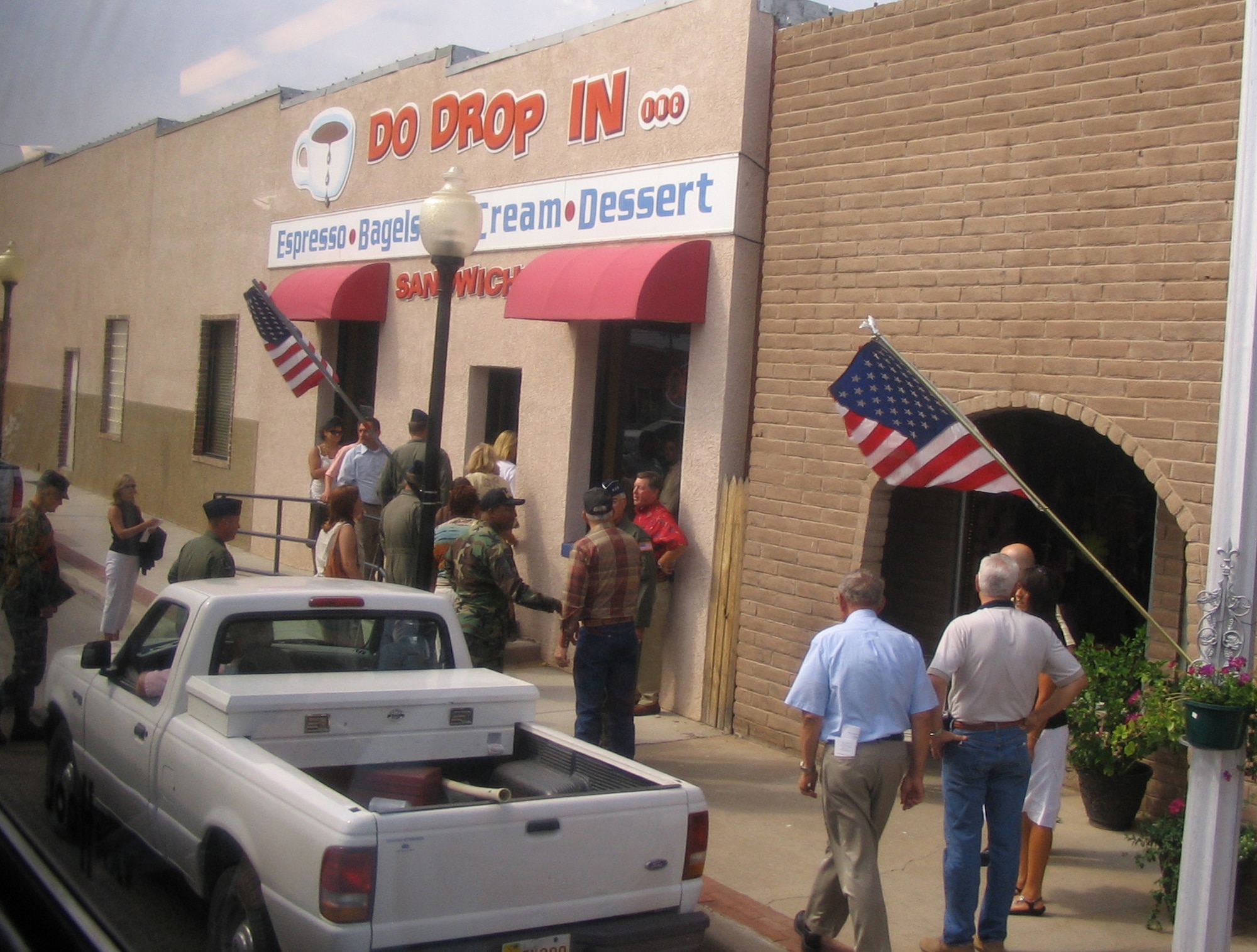 The last stop of the two-day tour was at the Do Drop In, one of many coffee shops in Portales.  While there, the group spoke  with local residents about the city.  Afterwards, the Airmen and their spouses loaded up on a C-130 and returned to Florida.  (U.S. Air Force Photograph by Lt. Amy Cooper)