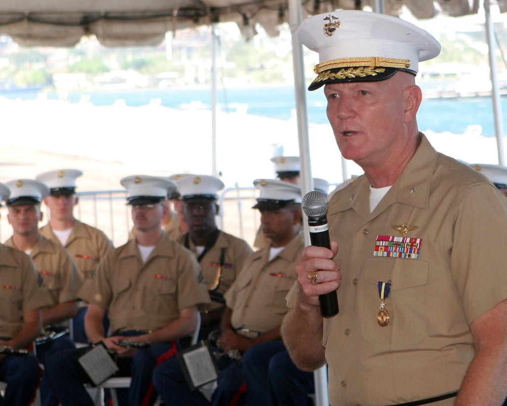 Brigadier Gen. Harold J. Fruchtnicht, Vice Commander, U.S. Marine Corps Forces, Pacific speaks at his retirement ceremony aboard the USS Missouri, July 29.