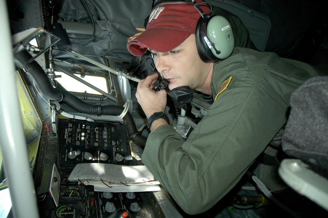 EIELSON AFB, Alaska -- Boom operator Chris Winchell prepares for AAR in a KC-135 tanker from the Wisconsin ANG during Cooperative Cope Thunder 06-3 .  During the flight,  128th Air Refueling Wing from Milwaukee, Wisconsin refueled four F-16Cs from Hill AFB, Utah.  Photo by 1st Lt. Peter Liander, Swedish Air Force                             