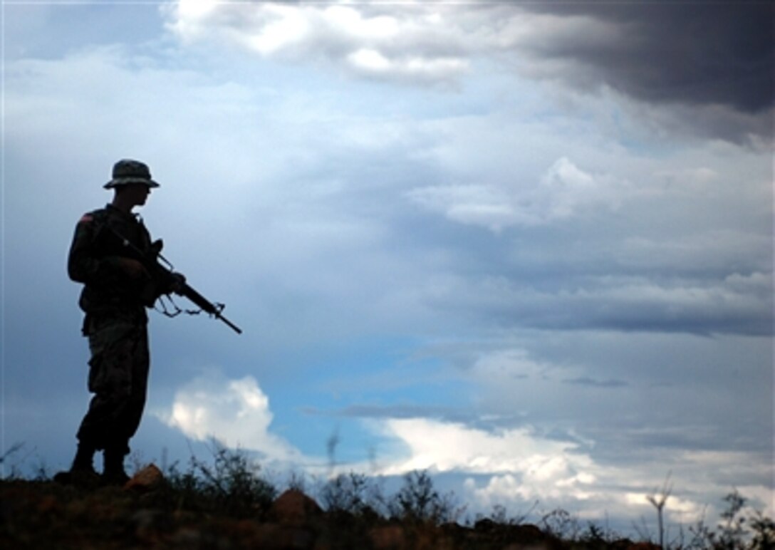 A U.S. Army National Guard member stands watch on a ridge above Nogales, Ariz., on the U.S. border with Mexico, July 19, 2006.  The soldiers are currently working with the U.S. Border Patrol in support of Operation Jump Start.  