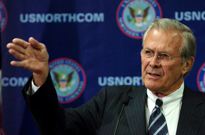 Secretary Rumsfeld speaks to reporters during a media availability