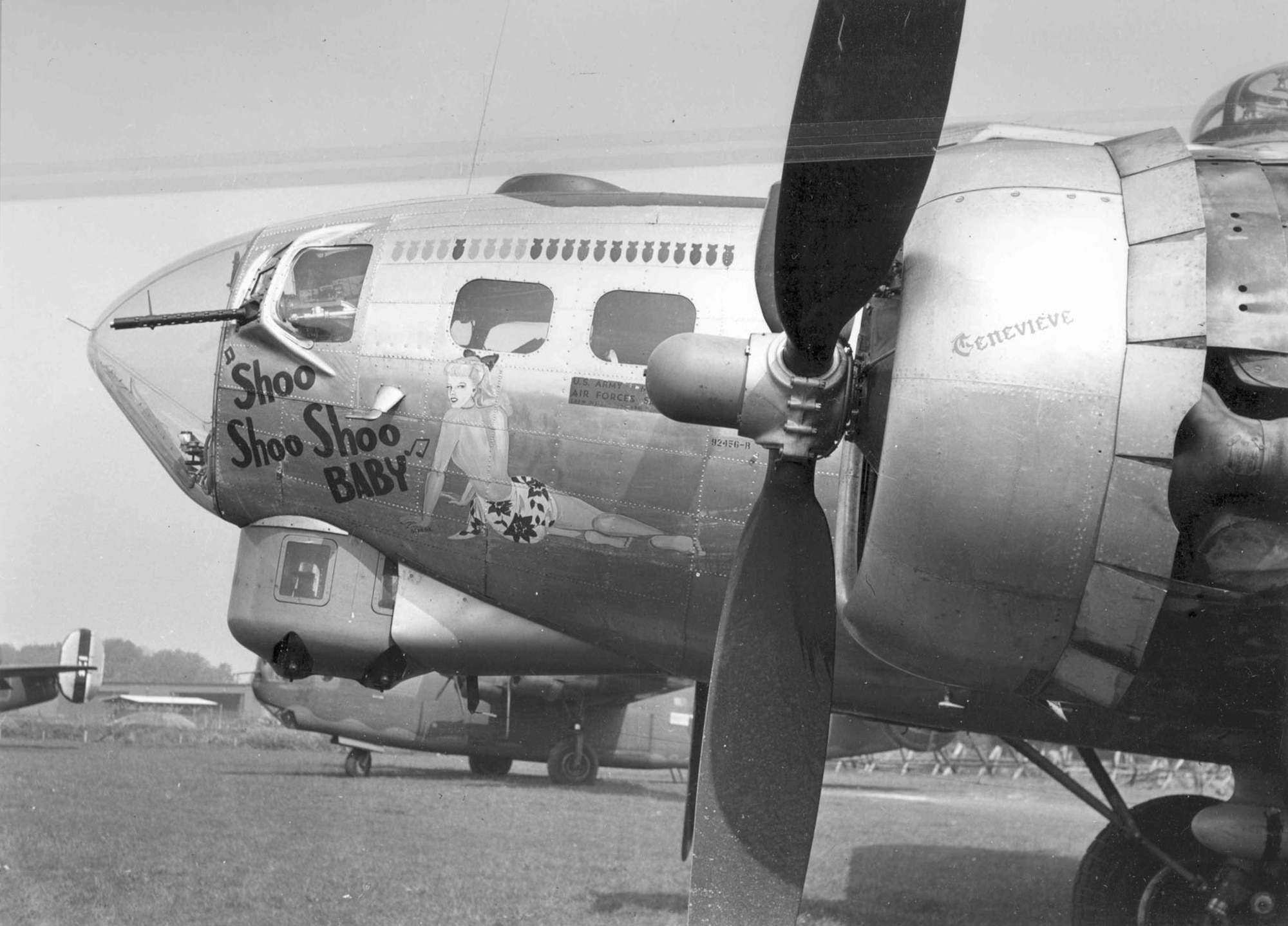 Boeing B-17G "Shoo Shoo Shoo Baby" original nose art. The aircraft was never painted when assigned to the 91st Bomb Group; however, it is displayed at the museum painted to conceal the extensive sheet metal work necessary to return the aircraft to its wartime condition. (U.S. Air Force photo)