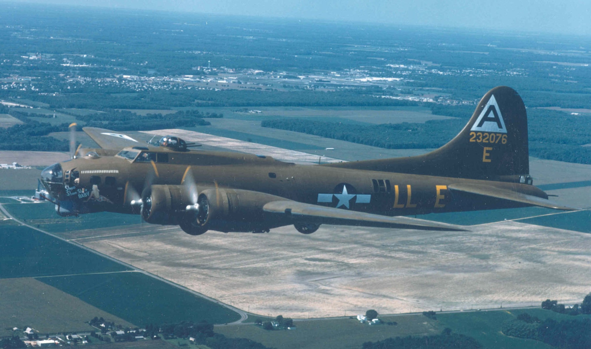 Boeing B-17G "Shoo Shoo Shoo Baby" en route to the National Museum of the United States Air Force on Oct. 12, 1988. (U.S. Air Force photo)