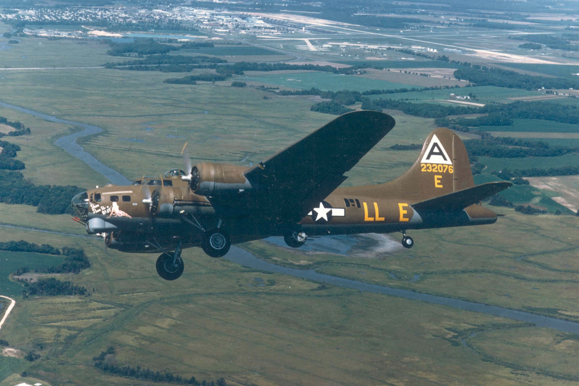 Boeing B-17G "Shoo Shoo Shoo Baby" en route to the National Museum of the United States Air Force on Oct. 12, 1988. (U.S. Air Force photo)