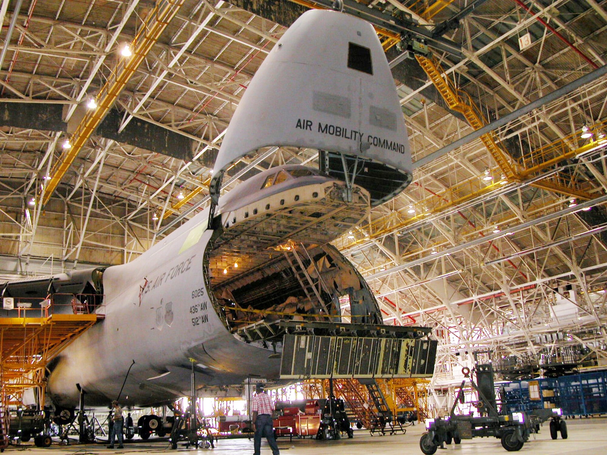 ROBINS AIR FORCE BASE, Ga. — A C-5 sits in a hangar on the Robins flight line. The 402nd Maintenance Group software support team is transitioning from support of the C-141 to support of the C-5. (Air Force photo by Sue Sapp)

