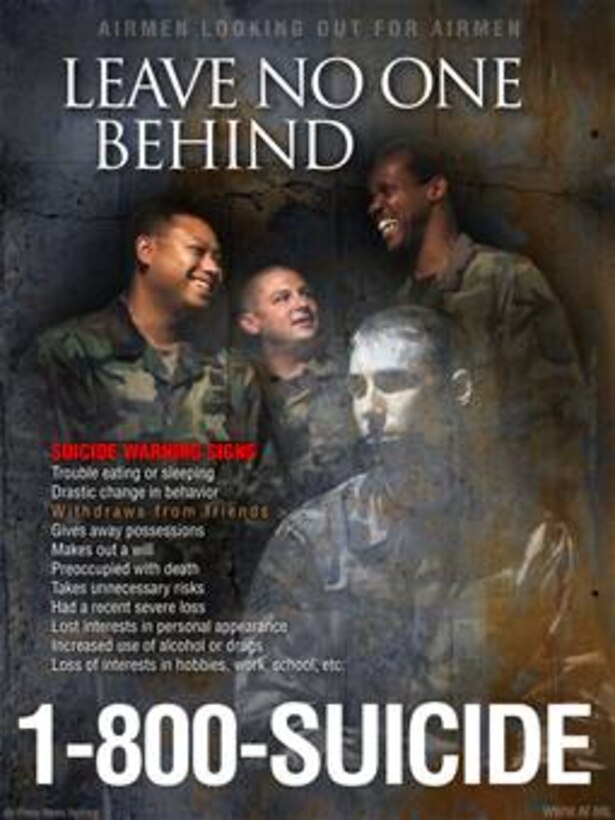 Suicide Prevention Poster, 7.5x10 inches @ 300 ppi. This poster was created by Bob Goode of the Air Force News Agency. Air Force Link does not provide printed posters but assistance can be provided in acquiring posters through your servicing DAPS. A PDF version for printing on office printers is also available. Requests can be made to afgraphics@dma.mil. Please specify the title and number.