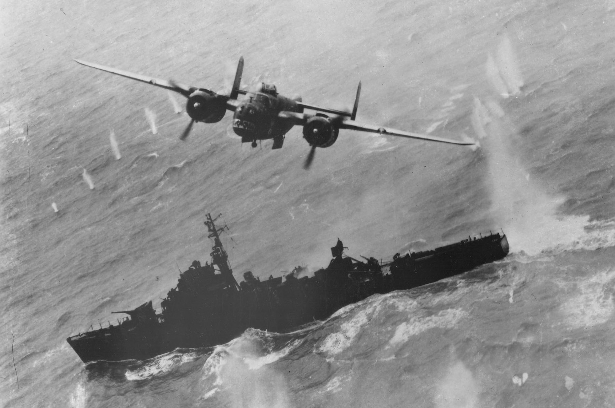 A North American B-25 makes a bomb run on a Japanese destroyer escort off Formosa in April 1945. (U.S. Air Force photo)