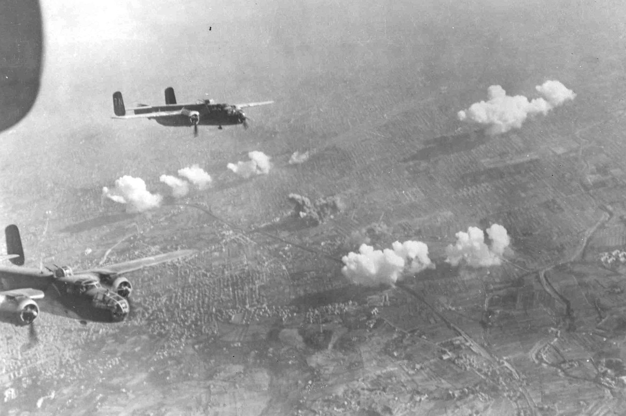 North American B-25s after bombing gun positions at Bologna, Italy. (U.S. Air Force photo)