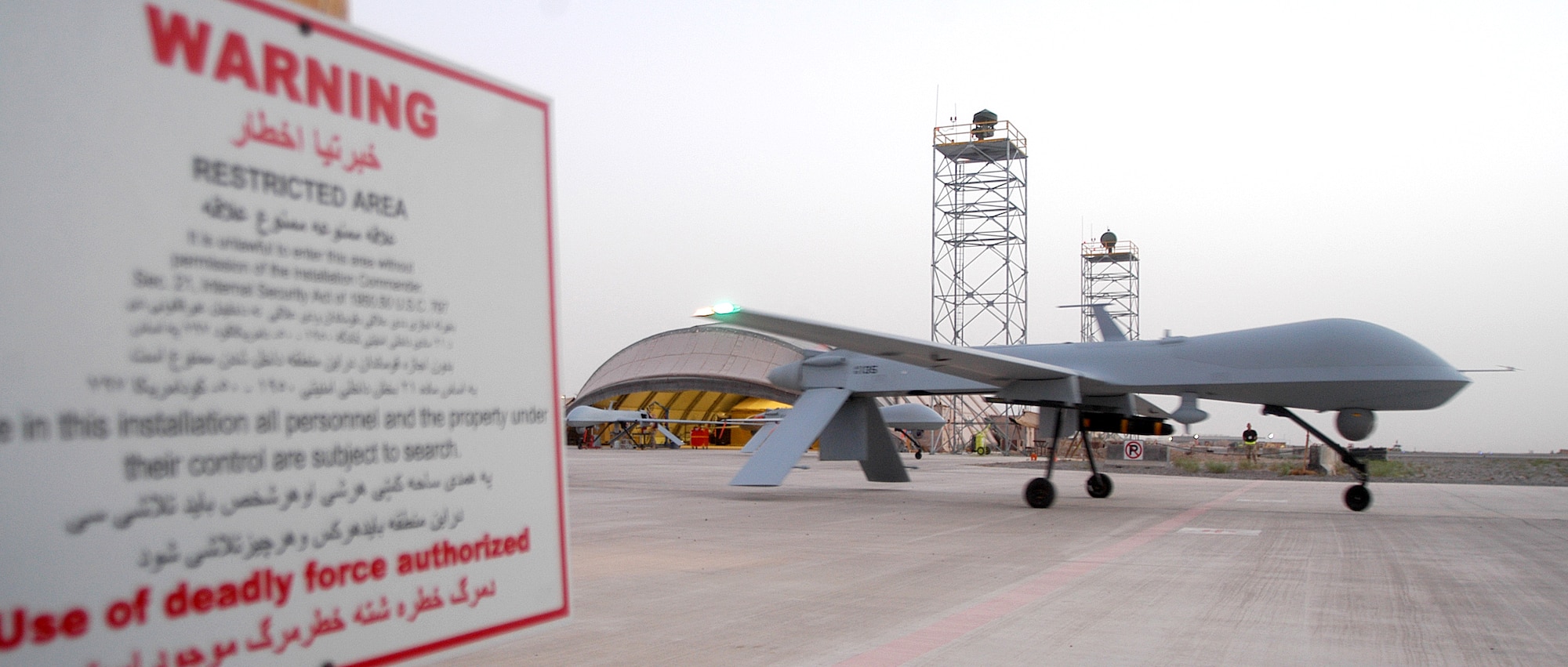 An MQ-1 Predator at Kandahar Airfield, Afghanistan, taxis out for a mission in support of Operation Enduring Freedom on Friday, June 2, 2006. The 62nd Expeditionary Reconnaissance Flight acts as the launch and recovery element for Predator sorties. Once airborne, they are flown by pilots and sensor operators from Nellis Air Force Base, Nev. (U.S. Air Force photo/Maj. David Kurle)