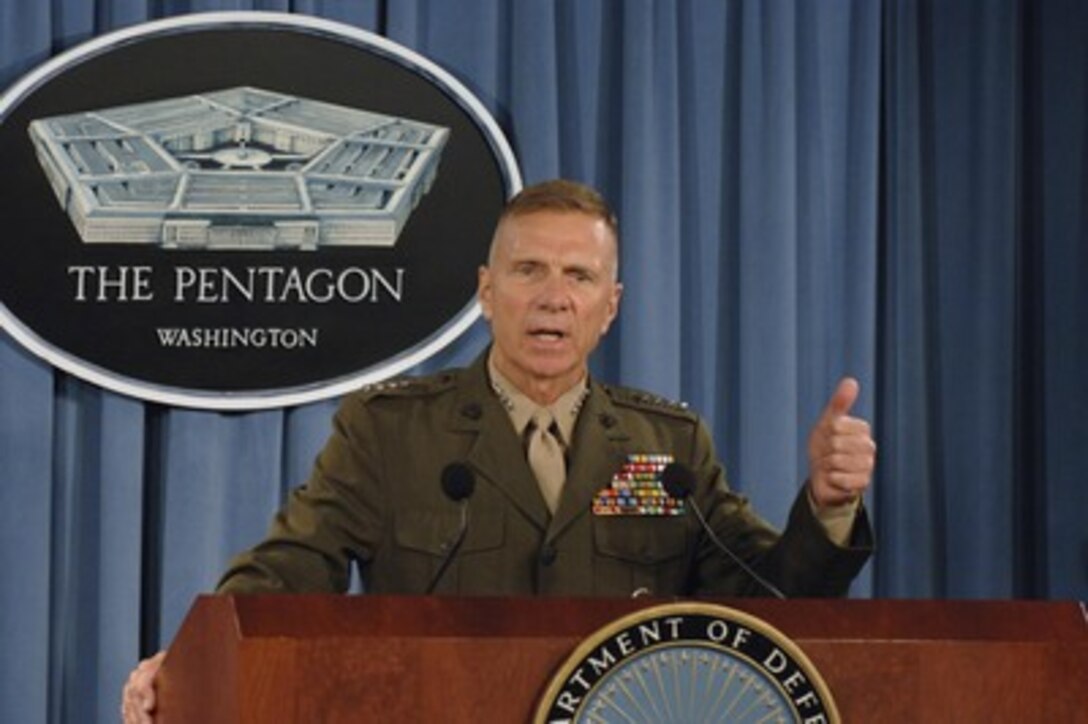 Commandant of the U.S. Marine Corps Gen. Michael Hagee briefs the press about his recent trip to Iraq in the Pentagon on June 7, 2006. 