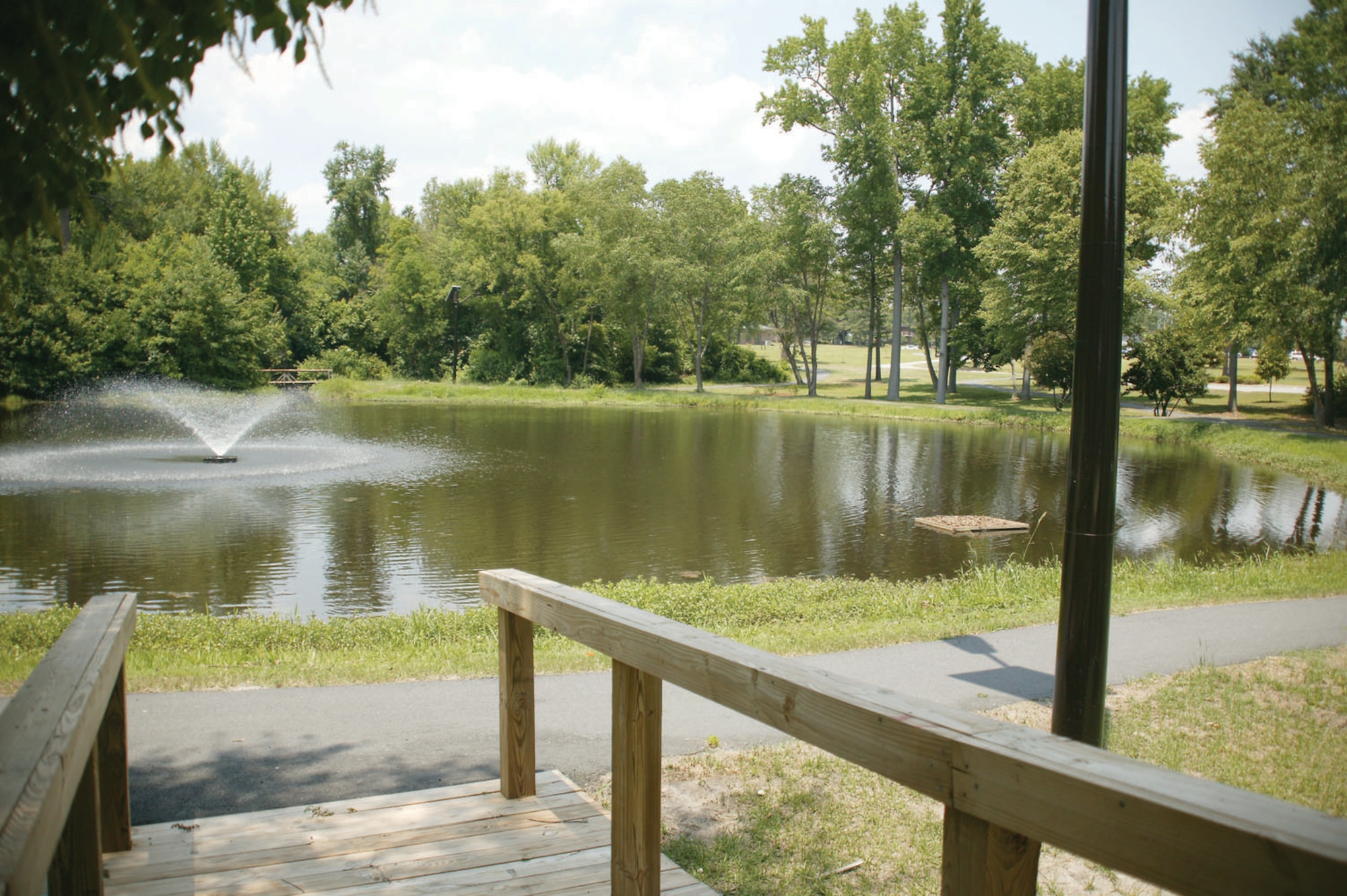 The chapel pond trail covers 1.2 miles throughout 11 acres.  Solar lights have been recently added and a water fountain installed to prevent algae build-up in the pond.  (U.S. Air Force Photo/Senior Airman John Gordinier)