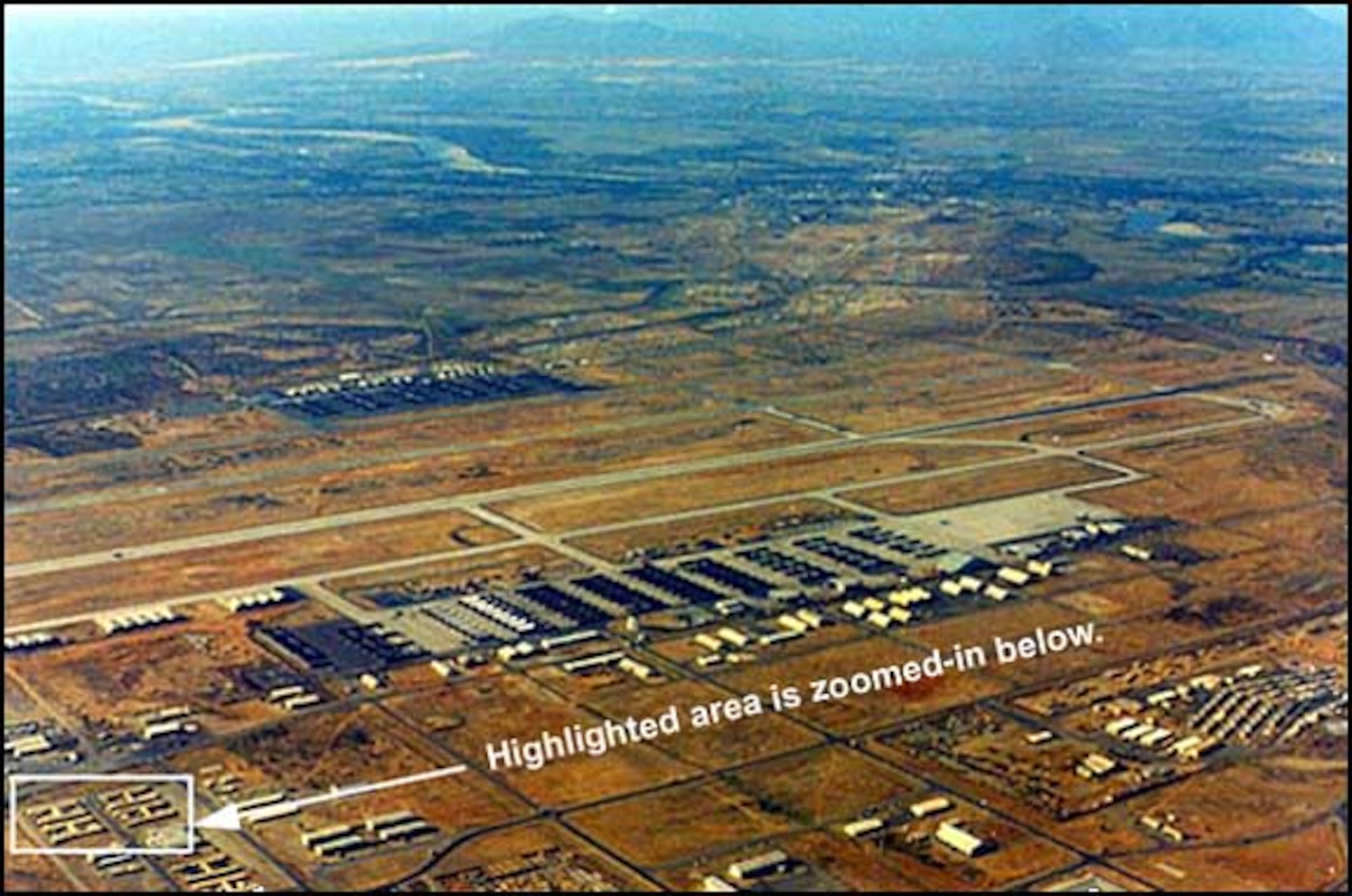 This is an aerial photograph of Phan Rang Air Base (PRAB), Republic of Vietnam (RVN) taken from a Fairchild C-123 Provider shortly after take off.  (Photograph courtesy of Jim Alvis, 71 SOS)