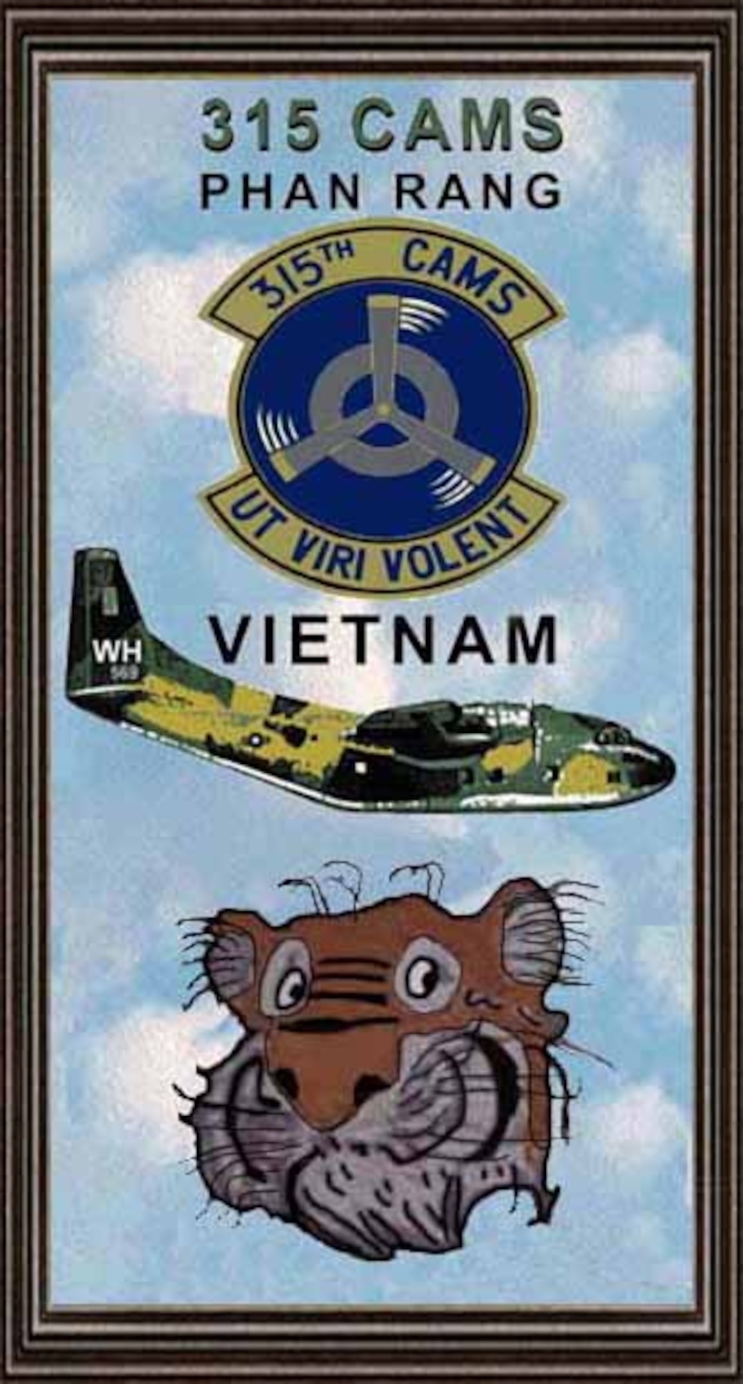 The emblem of the 315th Consolidated Aircraft Maintenance Squadron (CAMS) pictured above one of the workhorses of the Vietnam War, Fairchild's C-123 Provider.  The Latin motto "Ut Viri Volent", located below the spinning three bladed propellor, translates to "That Men May Fly".  (Photograph courtesy of Mike Vogel, 315 SOW/CAMS)
