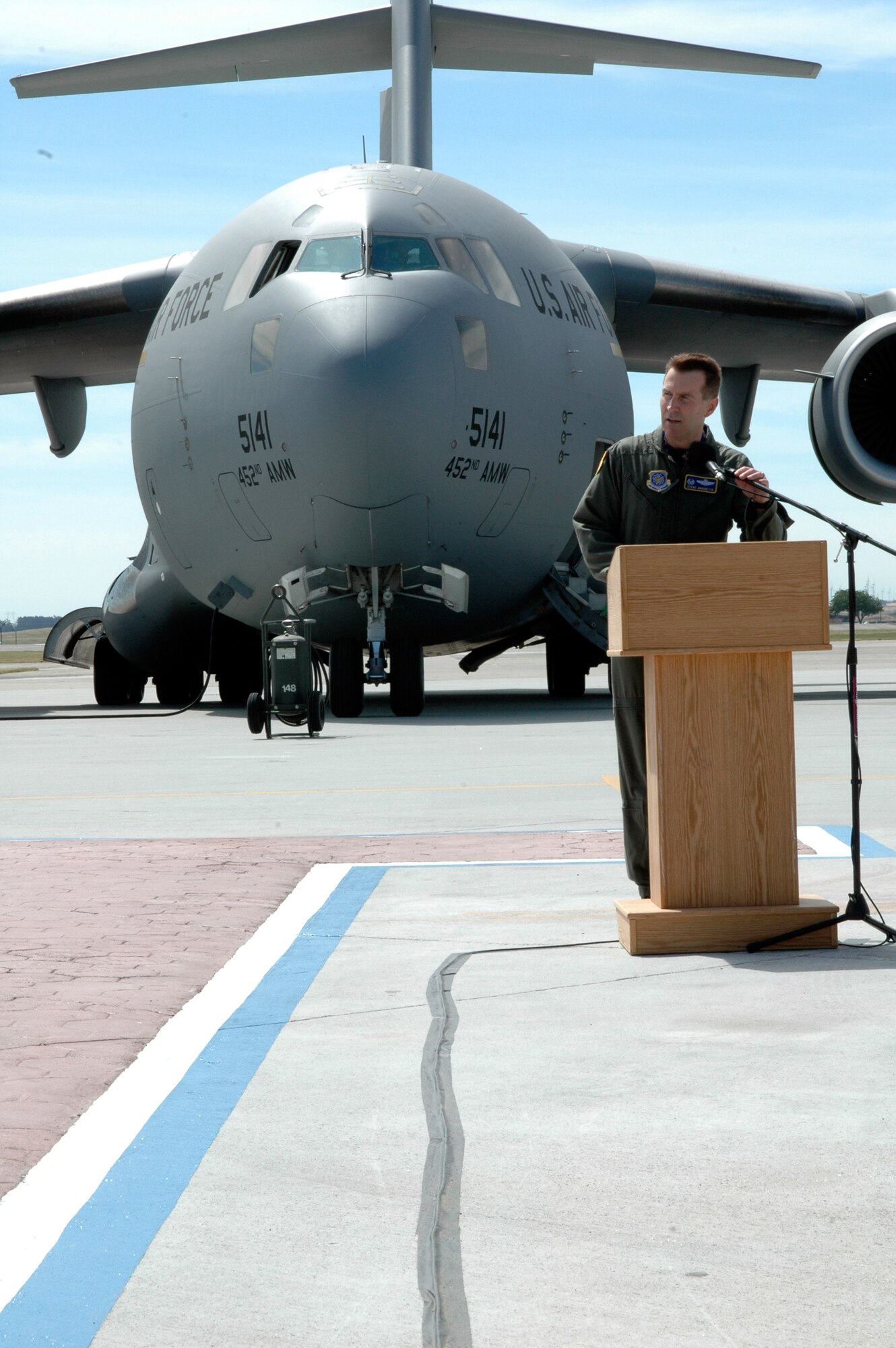 Col. Steve Arquiette, 60th Air Mobility Wing commander, speaks during the "C-17s are coming" event June 2. (U.S. Air Force photo/Staff Sgt. Raymond Hoy)