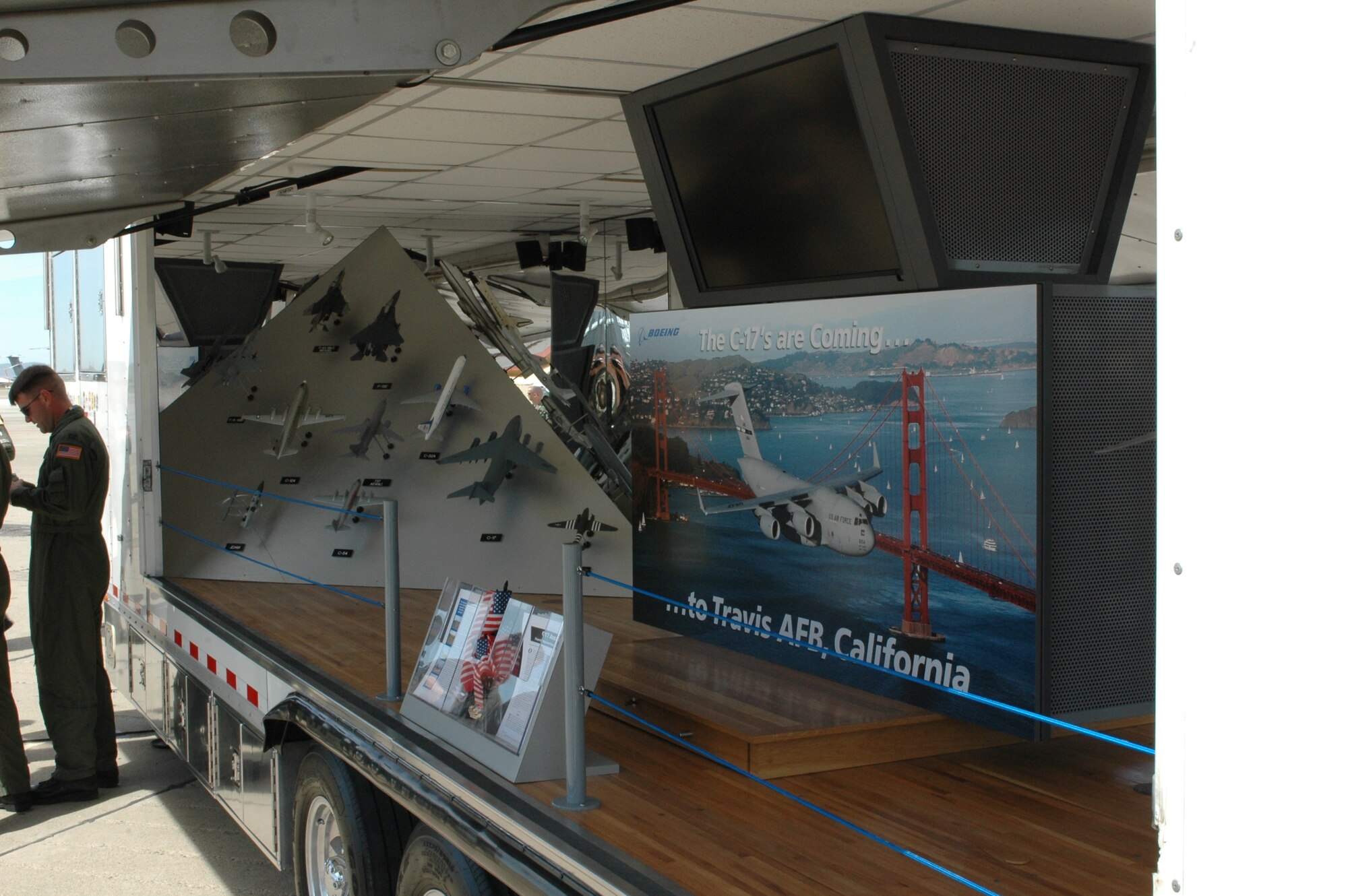 The C-17 promotional trailer that Boeing brought to the event provides information regarding the C-17s. Boeing representatives passed out posters and handouts. They were also on hand to answer any questions people had about the aircraft. (U.S. Air Force photo/Staff Sgt. Raymond Hoy)